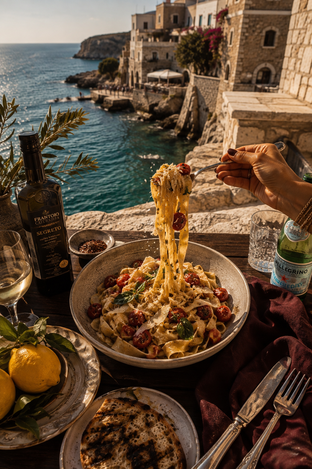 Fresh pasta with tomatoes on a seaside table overlooking an Italian coastal village